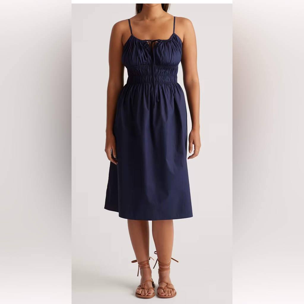 Quince 100% Organic Cotton Keyhole Midi Dress Size S Navy